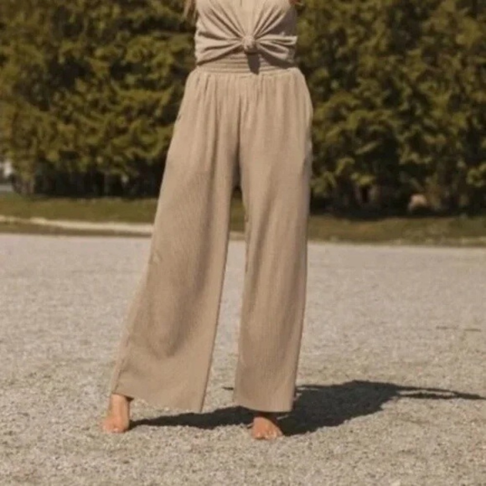 Jackson Rowe Ribbed Wide Leg Pants‎ Women's Medium High Waist Smocked Waistband